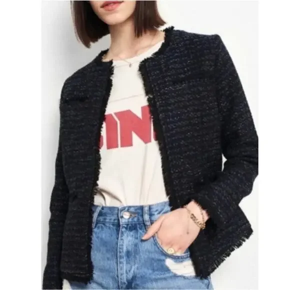 Anine Bing Tweed Navy Blue Gold Fringed Raw Hemline Jacket Blazer Size Small